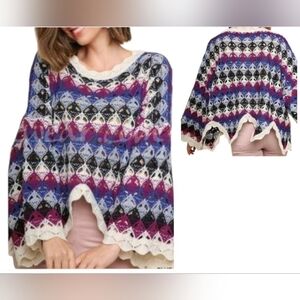 Umgee Open Knit Crochet Sweater Scalloped Hem Multicolored Bell Sleeve Oversized